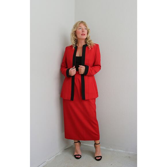 1980's Vintage Custom Tailored Red Skirt & Blazer Korean Suit Set Womens SM 4 6 - Picture 10 of 10